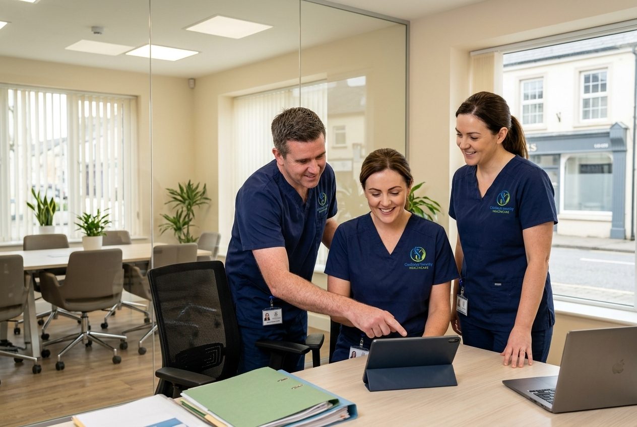 Three care staff in navy uniforms with ID badges looking at a tablet together in a bright office