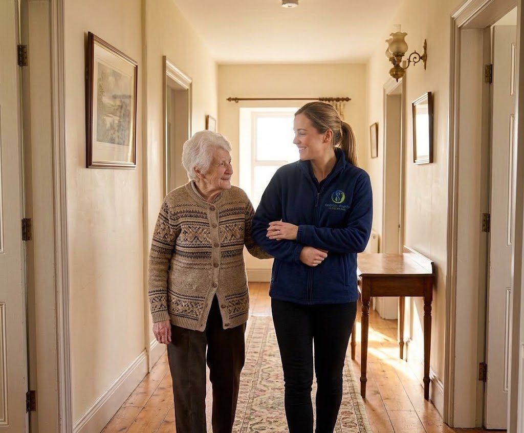 Carer walking arm in arm with an older woman along a bright hallway at home