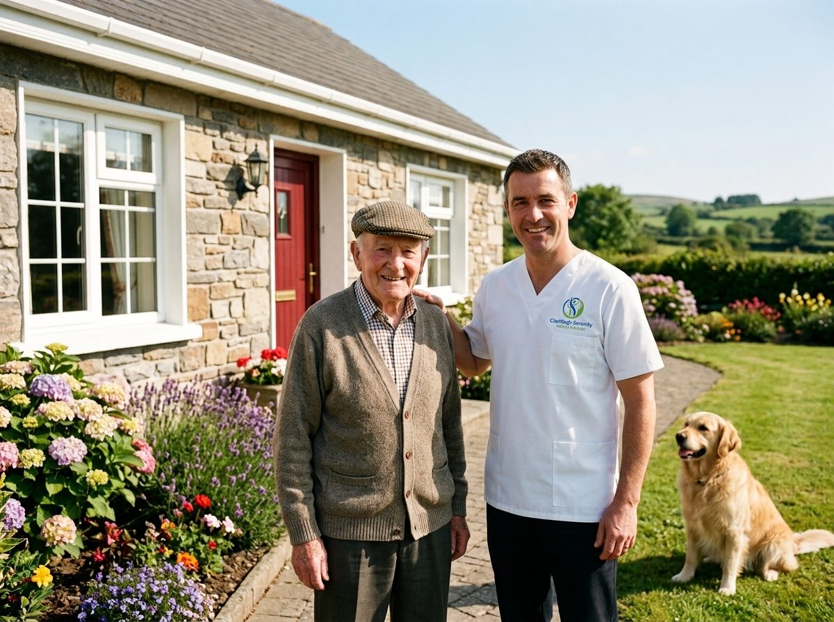 Older man and a carer in white scrubs standing outside a stone cottage with a golden retriever and a flower garden