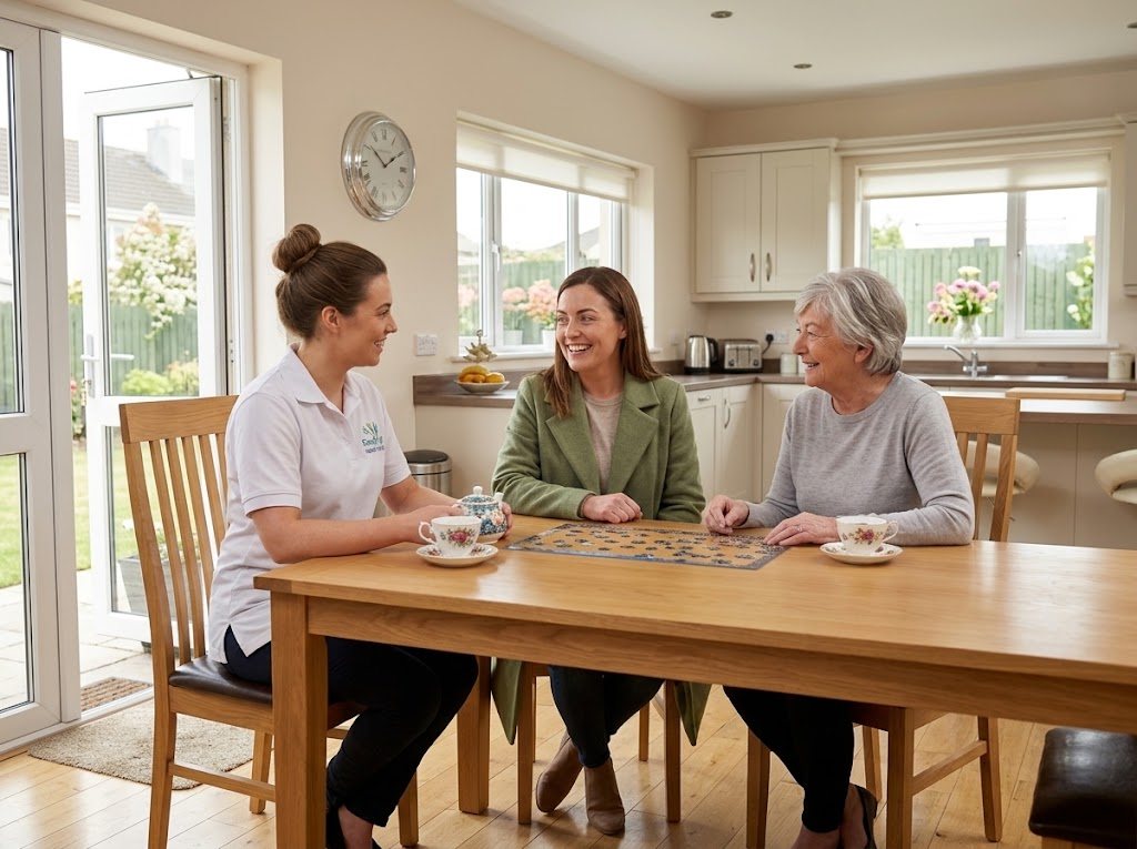Carer, daughter and older woman chatting over tea and a jigsaw at a kitchen table